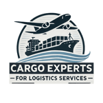 Logo of Cargo Experts for Logistics Services, featuring a stylized plane, cargo ship, and container to represent air and sea freight services