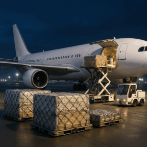 Air cargo plane being loaded with freight at an Egyptian airport, representing international air freight services.
