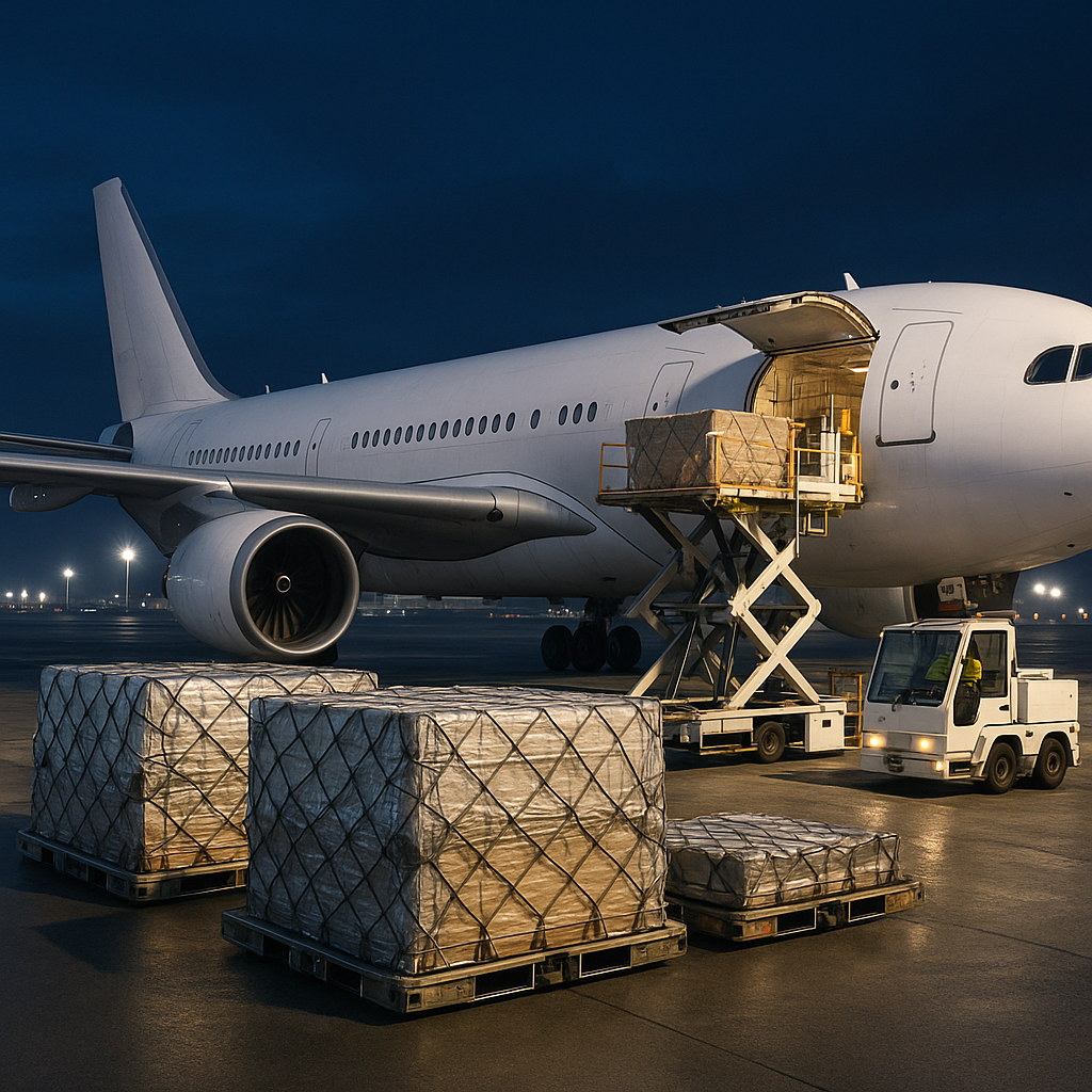 Air cargo plane being loaded with freight at an Egyptian airport, representing international air freight services.