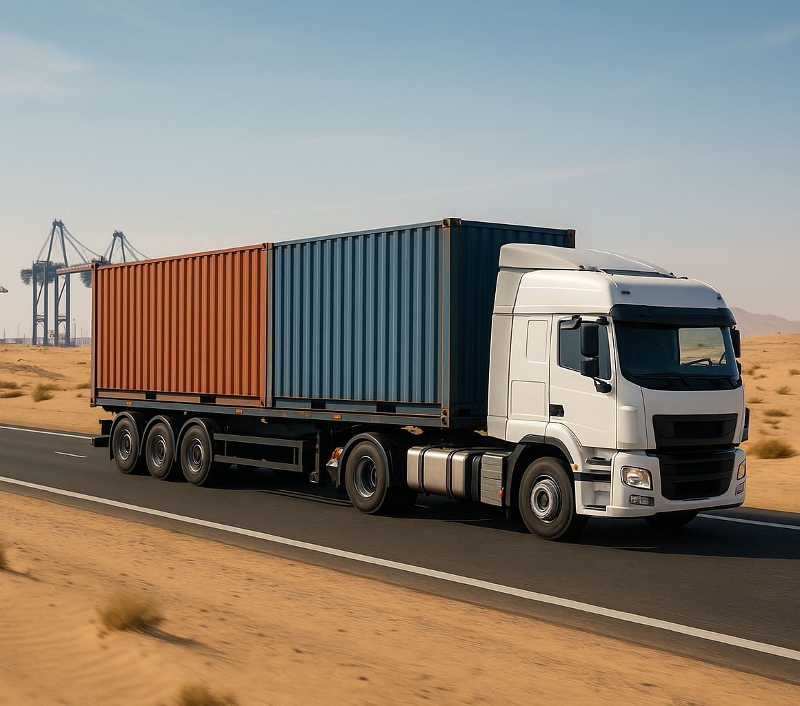 Freight truck transporting goods from Egypt across borders via highway, showing land logistics services.