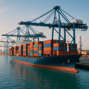 Cargo ship loaded with containers at Alexandria port in Egypt during sunrise, showing international sea freight operations.