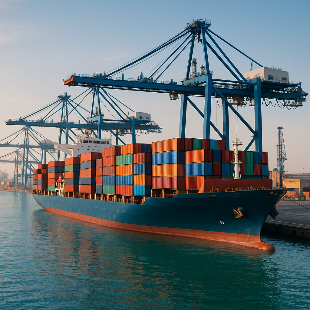 Cargo ship loaded with containers at Alexandria port in Egypt during sunrise, showing international sea freight operations.
