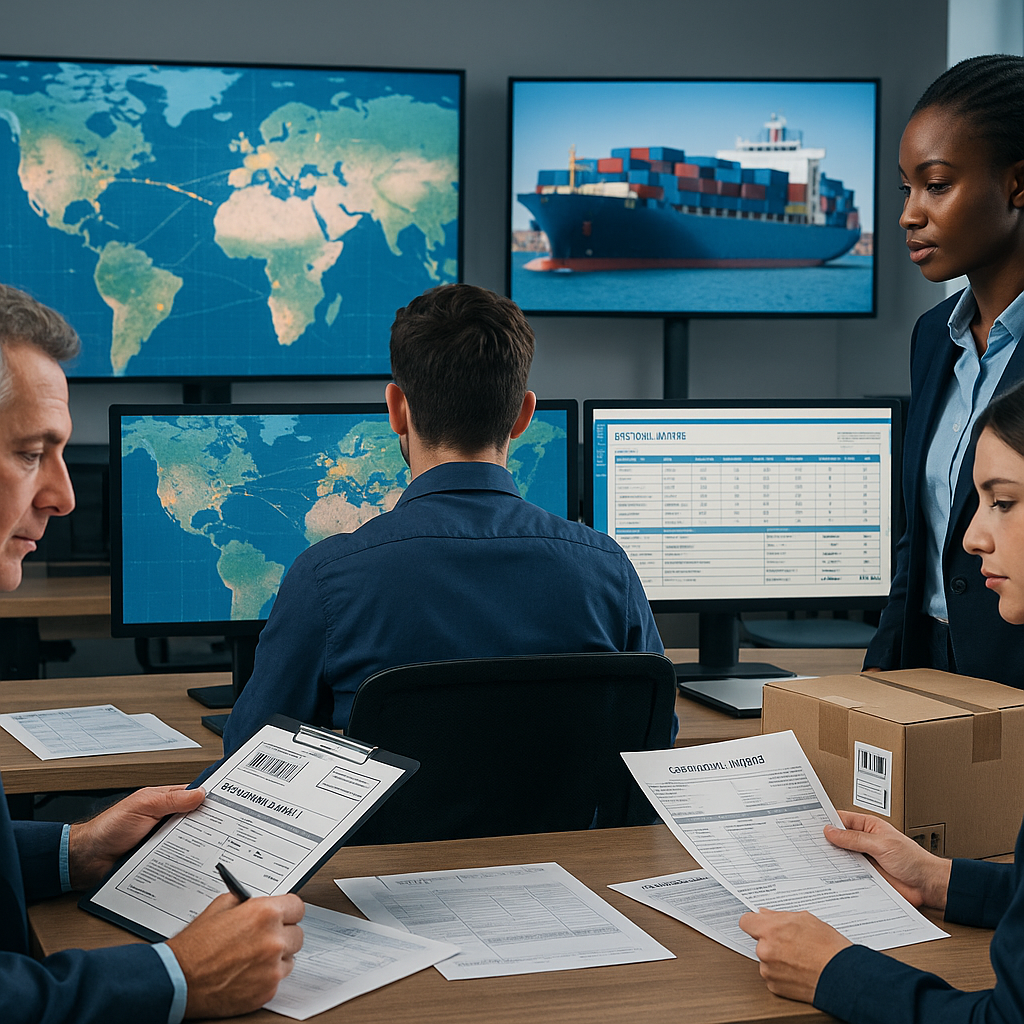 Logistics team managing cargo shipments with digital tools and documents, representing integrated supply chain support.